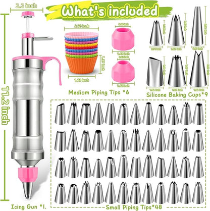 NOVANO Dessert Decorating Syringe Set, Frosting Piping Kit Stainless Steels Cake Decorating Kit with 54 Piping Tips & 9 silicone cupcakes, Cupcake Decorating Kit Piping Bags and Tips Set