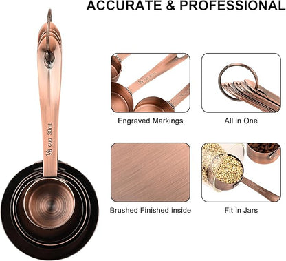 Copper Measuring Cups and Spoons Set, Stainless Steel Measuring Cups and Spoons Set 12, Metal Measuring Cups Set, 5 Copper Measuring Cup Set and 6 Copper Measuring Spoons &Leveler for Kitchen