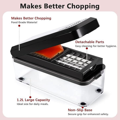 Vegetable Chopper, Onion Chopper Dicer, Mandoline Slicer, Food Chopper with Container, Vegetable Cutter for Salad Potato Carrot Garlic（2 Blades, Black）