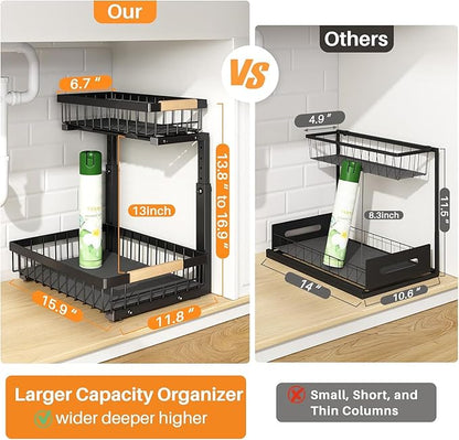 PXRACK Large Under Sink Organizer, Adjustable Height, 2-Tier Slide Out,Thickened Metal Shelf Under Sink Storage for Kitchen, Bathroom, Cabinet,Pantry,Black,1 PACK,Small Space-saving