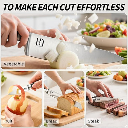 Knife Set, 15 Pcs Kitchen Knife Block Sets with Sharpener, Japanese High Carbon Stainless Steel Set of Knives, Premium Razor Sharp Black Knives Set with Block for Kitchen, Ergonomic Handle