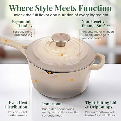 Larder & Vine Enameled Cast Iron Saucepan | 2.2 qt Sauce Pan with Lid | Saucepan with Pour Spouts | Enameled Cast Iron Pot Compatible on All Cooktops & Oven Safe to 500° F | Stone