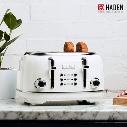 Haden Heritage 4 Slice Wide Slot Stainless Steel Toaster Bundled with 12 Cup Programmable Drip Coffee Maker Coffee Machine, Ivory & Chrome