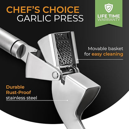 ORBLUE Garlic Press Stainless Steel - Premium Professional Grade Garlic Mincer, Crusher & Peeler Set - Easy Clean, Dishwasher Safe & Rust-proof