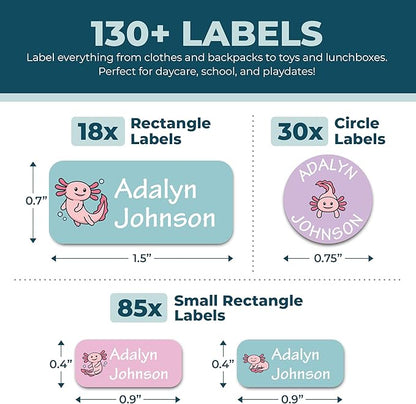 Personalized Daycare Name Labels for Kids (130 Labels) - Custom Waterproof Name Stickers for Clothing Tags, Water Bottles, Lunch Boxes and School Supplies (Axolotls)