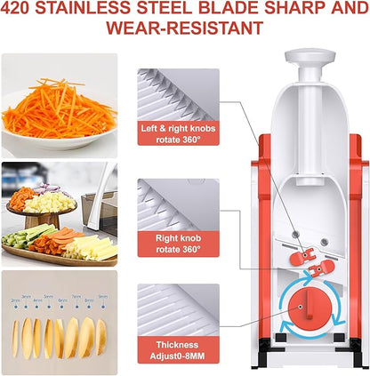 5 in 1 Safe Mandoline Slicer for Kitchen, Safe Vegetable Chopper, Paring Knife, Adjustable Thickness, Easy to Clean, Vegetable Slicer, Slicing, Strips, Shredding, Dicing,Chop (Tropical Orange)