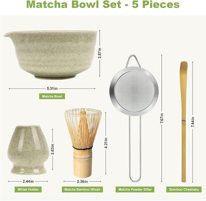 Green Matcha Whisk Making Set - Japanese Tea Kit with Whisk Bowl and Bamboo Scoop Ceramic Chawan with Spout for Traditional Tea Ceremony Complete Matcha Making Tools Gift for Tea Lovers (Green, 5 PCS)