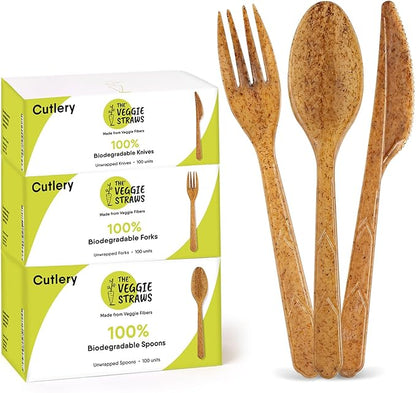 100% Biodegradable Cutlery Made of Vegetable Fibers, 300 PCS of 6.7” Long Heavy-Duty and Splinter Free Eco-Friendly Spoons, Forks & Knives, Perfect Sustainable Cutlery by The Veggie Straws