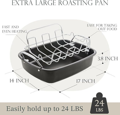 KITESSENSU Nonstick Turkey Roasting Pan with Rack 17 x 14 inch - Large Chicken Roaster Pan for Oven - Wider Handles & Heavy Duty Construction - Suitable for 24lb Turkey, Gray