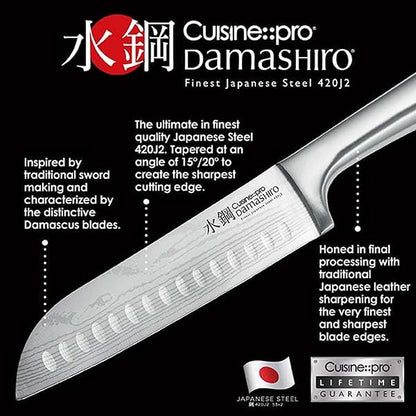 Cuisine::pro Damashiro 8-Piece Satori Knife Block - Japanese Steel Knife Set with Acacia Wood Knife Block -Damascus-Inspired Blade