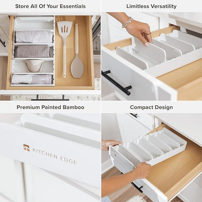 KitchenEdge Bamboo Kitchen Towel and Food-Storage Organizer, Perfect for Kitchen Drawers, Cabinets, Pantry, 5 Adjustable Wall Inserts, Non-Slip Feet, Organize Food Containers, Food-Safe White Finish