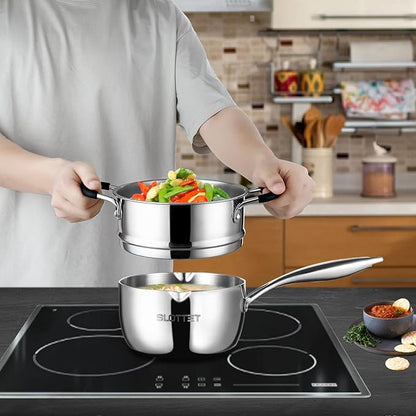 Tri-Ply Whole-Clad Stainless Steel Saucepan with Steamer,2.5 Qt Small Multipurpose Pot with Pour Spout,Strainer Glass Lid, 2 Quart Sauce Pan for Cooking with Stay-cool Handle.