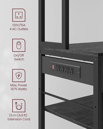 VASAGLE Bakers Rack with Charging Station, Coffee Bar with Adjustable Storage Shelves, Fabric Drawer, 12 Hooks, 15.7 x 39.4 x 71 Inches, Kitchen Microwave Stand, Charcoal Gray and Ink Black UKKS027B01