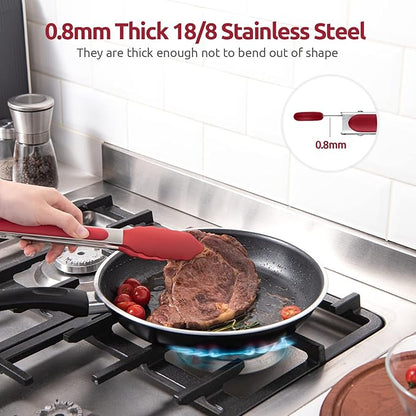 Heat Resistant Silicone Kitchen Tong: U-Taste 9 inch 480ºF Hot Proof Cooking Tong with Firm Sealed Non Stick Rubber Tips & Silicon Coated Steel Handle & Smooth Locking for Serving Grill Salad (Red)