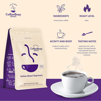 Coffee Bean Direct Italian Roast Espresso, Whole Bean Coffee, Dark Roast, 1 Pound Bag (Pack of 1)
