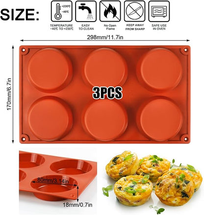 Palksky Silicone Egg Molds for Oven Baking, 3 Pcs 6-Cavity Silicone Egg Bite Molds for Breakfast Sandwiches, Non-Stick 3" Muffin Top Pans/Whoopie Pie Pan