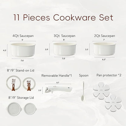 CAROTE Ceramic Sauce Pan Sets with Stand-Up Lid 2QT, 3QT & 4QT, 11 Piece NonStick Kitchen Cookware Sets with Detachable Handle, Non Toxic Cooking Pot, Oven Safe, Induction Ready, Cream White