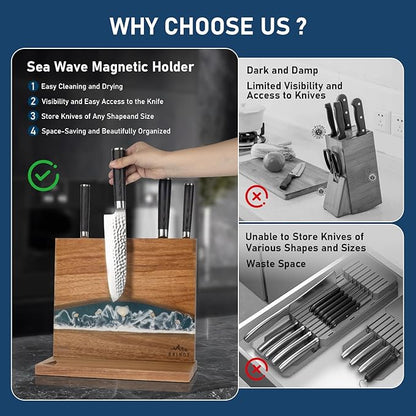 Original Sea Wave Magnetic Knife Block, Double Sided Knife Holder Holds Up To 10 Knives, Wooden Knife Storage Organizer for Counter Top without Knives (12 X 10 Inches)