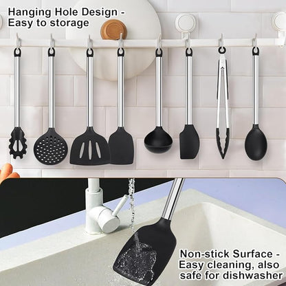 Silicone Cooking Utensils Set, Vayvnt 8 PCS Kitchen Utensils Set with Stainless Steel Handle, Heat Resistant Kitchen Tools for Nonstick Cookware, Large Spatula Spoons Turner, Dishwasher Safe, Black