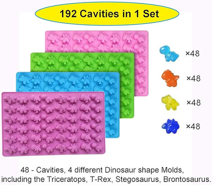 KRLIFCSL Mini Gummy Dinosaur Silicone Candy Molds, Non-Stick Chocolate Molds for Making Fruit Gummies, Chocolates, Vitamin Candy, Party Novelty Gift, Pack of 4 with 4 Droppers (Mini Dinosaur)