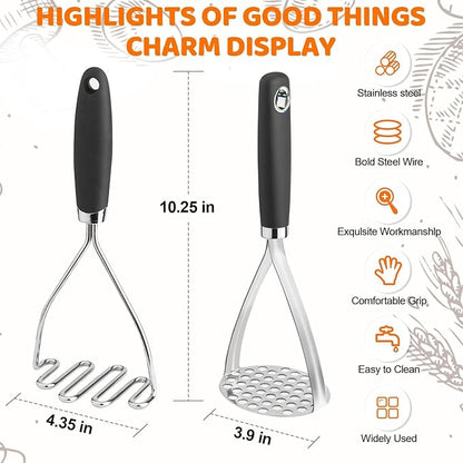 Potato Masher Set of 2 Pieces, 10.25-Inch Stainless Steel Wire Mashed Potato Masher, Kitchen Gourmet Making Tools Professional Integrated Honeycomb, For Vegetable, Fruit, Melon, Potato Etc, Black