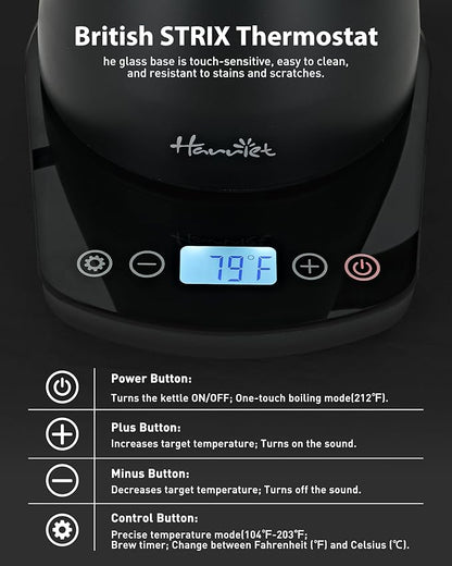 Harriet Gooseneck Electric Kettle - 1200W Fast Heat, 0.8L Stainless Steel, Precision Temp Control & Timer, Wood Handle, Pour Over Coffee and Tea, Black