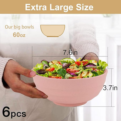 Wheat Straw Bowls Set 60 OZ Unbreakable Large Cereal Bowls Set of 6 Microwave and Dishwasher Safe Bowls Big Bowls for Dorm and Apartment BPA Free Soup Bowl for Serving Oatmeal and Salad Etc…
