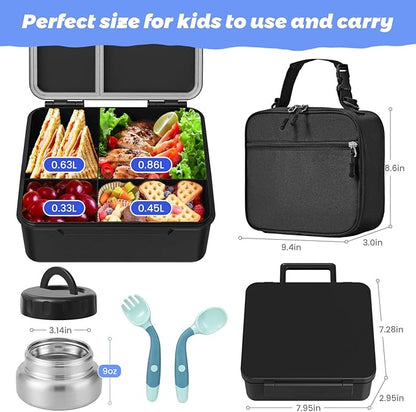Kids Bento Lunch Box with Thermos, Leakproof Toddler Bento Box with 9 OZ Insulated Food Jar, Lunch Bag & Utensils 3 or 4 Compartment Container for School Girls Boys