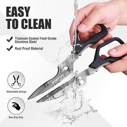 WORKPRO Kitchen Scissors, All Purpose Kitchen Shears with Detachable Titanium Coated Blades for Easy Cleaning, Heavy Duty Scissors for Meat, Fish, Nuts, Vegetables, Protective Cover Included