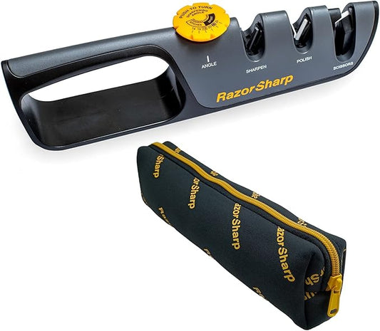 RazorSharp™ Knife Sharpener With Adjustable Angle Guide — Diamond-Coated Ceramic Sharpening Stones for All Knives Including Precision Kitchen, Professional, Chef's Knives — Non-Slip Rubber Edge Grip