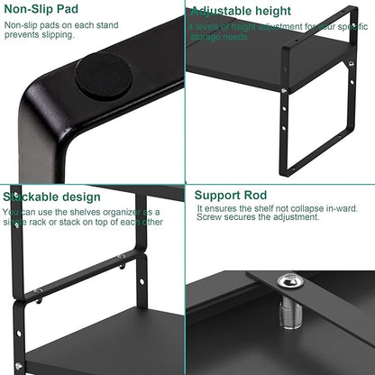 iPEGTOP Expandable Cabinet Storage Shelf Organizer Rack, Heavy Duty Steel Metal Spice Rack Adjustable Height Home Office Garage Pantry Shelves for Counter Kitchen Organization, Black, 2 Pack