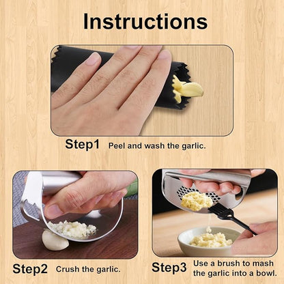 Stainless Steel Hand Garlic Presser Set, Hand Garlic Press with Plastic Peeler Tube and Brush Ginger Crusher Supplies for Kitchen Vegetable Processing Tools