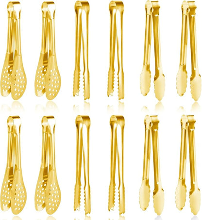 12 Pack Gold Premium Small Serving Tongs, Dmoera Mini Stainless Steel Appetizer Tongs, 5 Inch(12.7cm)