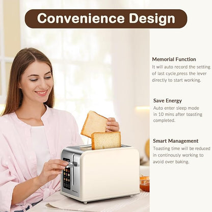 Mecity 2 Slice Touch Screen Toaster, 1.5" Wide Slot, Stainless Steel Smart Toaster for Bagels, Muffins, Waffles, Gluten-Free Breads, Defrost, Reheat, Timer, 120V 825W, Cream Color