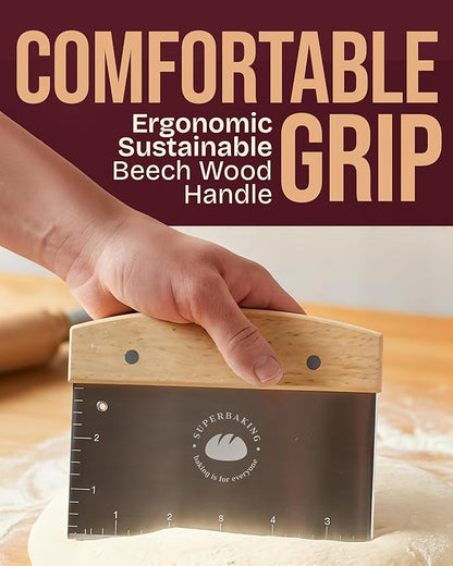 Superbaking Dough Scraper - 6" Wooden Bench Scraper - Dough Cutter with Ruler - Pastry & Cake Scraper - Kitchen Tools Sourdough Baking Supplies - Bread Making Tools & Accessories for Home Bakers
