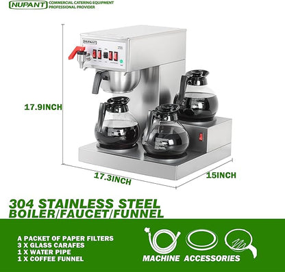 12 Cup Commercial Coffee Maker, Auto Filling Drip Coffee Maker Machine with 3 Glass Carafes 3 Warmers, Stainless Steel Pour Over Coffee Brewer with Hot Water Supply for Restaurant Office Cafe