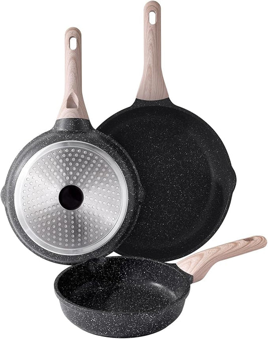 Kordisen Nonstick Frying Pan Set, 3 Piece Skillet Set, Healthy Induction Cooking Pan, Stay-Cool Handle, Compatible with All Stovetops, PFOA Free (8, 9.5, 11 Inch)
