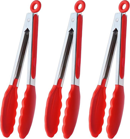 Silicone Cooking Tongs 9-Inch Serving Tongs, Set of 3 (Red)