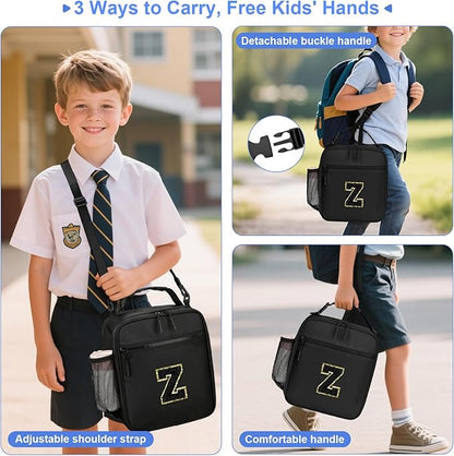 Initial Insulated Lunch Bag for Boys Kids, Back to School Gift, Reusable Leak-proof Lunch Box with Adjustable Strap for School Daycare Travel Picnic（Black，Z）