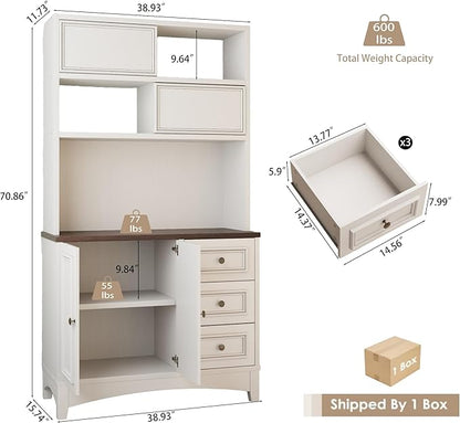 71" Antique White Pantry Cabinet with Charging Station, 4-Type Storage & Anti-Tip Design, Farmhouse Kitchen Cabinet with Adjustable Shelves
