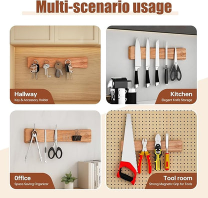 Magnetic Knife Strip, 16 Inch Magnetic Knife Holder for Wall with N52 Strong Magnets, Premium Oak Wooden Knife Magnetic Strip Organizer for Kitchen Knives & Tools,No Drilling
