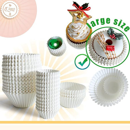 qiqee 300 Count Jumbo Cupcake Liners White Muffin Liners Food Grade Baking Cups Paper No Smells（Large Size）