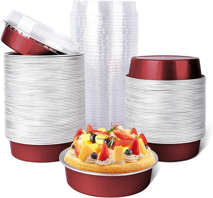 Beasea Disposable Mini Pie Tins with Lids, 120 Pack 4” 7.3oz 215ml Small Round Aluminum Baking Tart Foil Container for Individual Dessert Cupcake Cheesecake Ramekin Quiche Oven Dishes - Wine Red