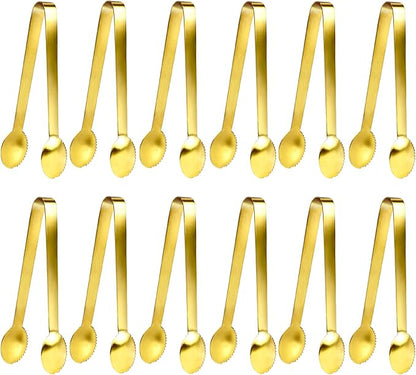 JCREN 12 Pcs Gold Tongs - Stainless Steel Serving Tongs for Food, Appetizers, Desserts - 4.9inch