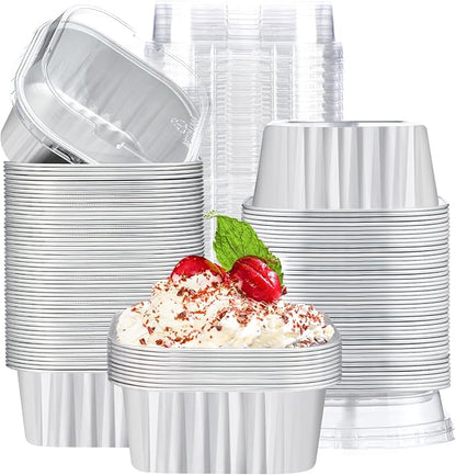 EUSOAR Disposable Ramekins with Lids, Silver 10oz 100pcs Creme Brulee Ramekins Disposable, Muffin Cups for Baking, Mini Cake loaf Bread Containers Pans Cups with Lids for Party Favor Birthday