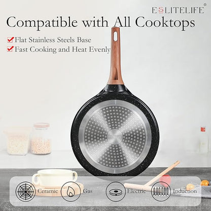 ESLITE LIFE 9.5 Inch Crepe Pan with Spreader, Nonstick Ceramic Flat Skillet Dosa Tawa Comales Para Tortillas Pancake Pan, PTFE & PFOA Free, Black