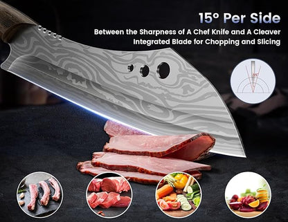 Butcher Knife, 10 Inch Meat Cleaver Chef Knife with Herb Stripper, Japanese Style High Carbon Steel Kitchen Knife for Chopping & Slicing, Damascus Pattern Full Tang Wood Handle Ideal for Gift