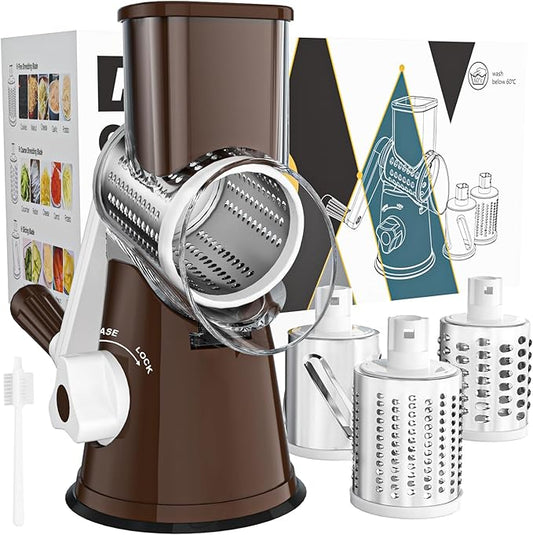 Cambom Rotary Cheese Grater Hand Crank Cheese Shredder for Fresh Cheese, Vegetable, Nuts,Non-slip Suction Base, Free Cleaning Brush Three Blades, Coffe Color