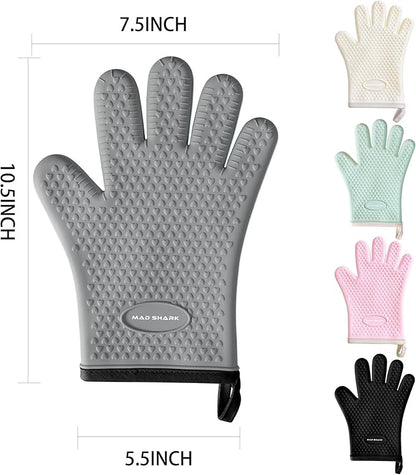 MAD SHARK Silicone Oven Mitts Heat Resistant 450 Degrees,Waterproof & Non-Slip Oven Gloves with Fingers,Cotton Lined Silicone Oven Gloves Kitchen Mitts for Baking Cooking Barbecue,Women,Oven (GREY1)