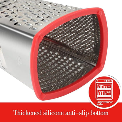 Ourokhome Cheese Grater with Handle, Stainless Steel Box Grater, 4 Side Kitchen Vegetable Shredder Slicer Zester with Container for Parmesan, Cabbage, Ginger, Lemon, Chocolate, Coconut (Red)